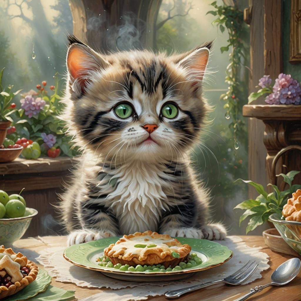 Cute Kitten Licking Pie Plate in Fantasy Style
