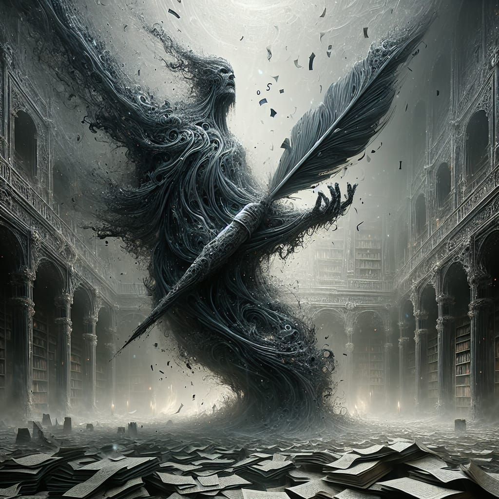 Surreal Dark Fantasy Scene with Ghostly Figure and Library
