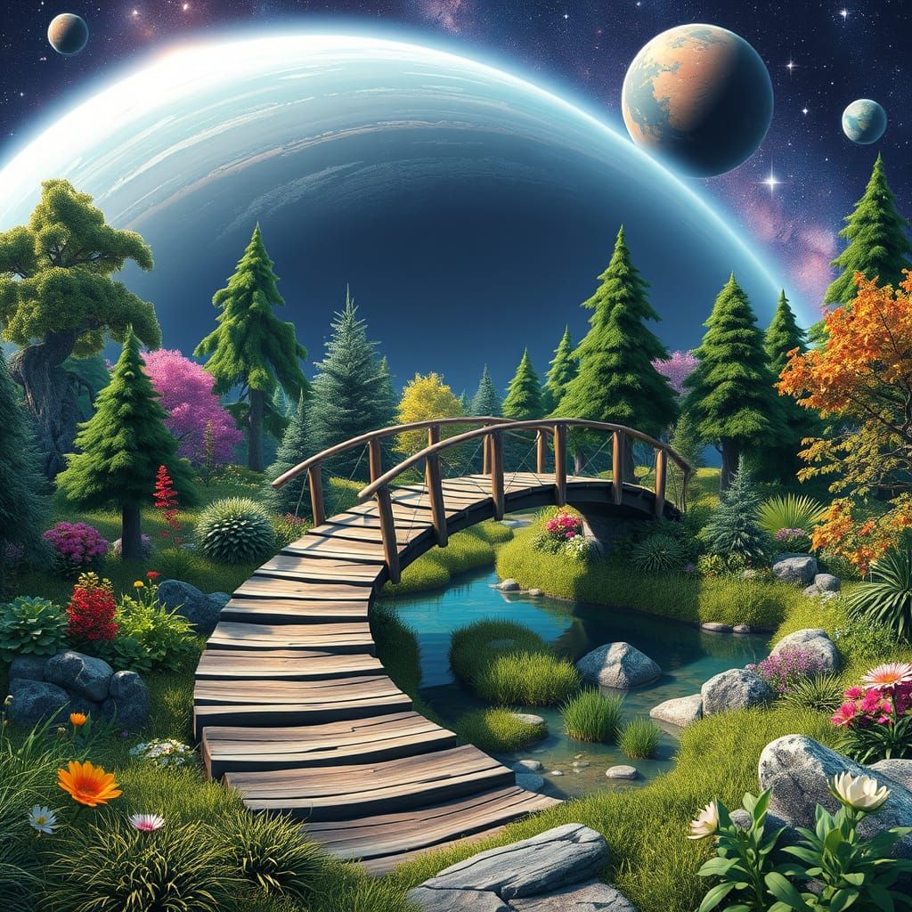 Vibrant Wooden Bridge in a Celestial Forest Planet