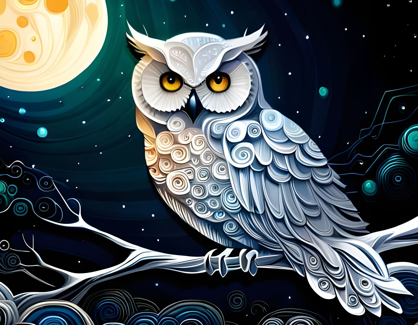 Paper Quilled Silver Owl on Branch Illustration