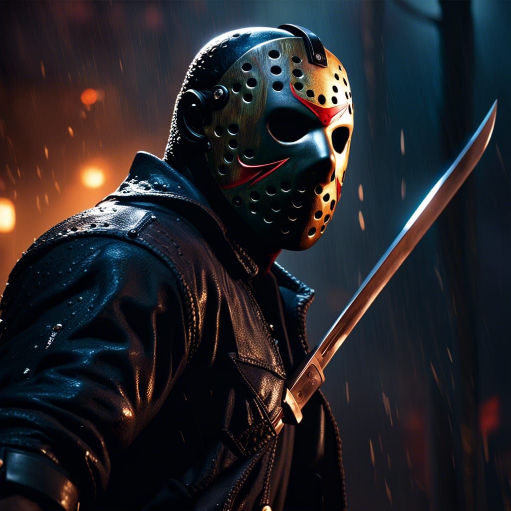 Hyperdetailed Jason Voorhees in a Moonlit Thunderstorm