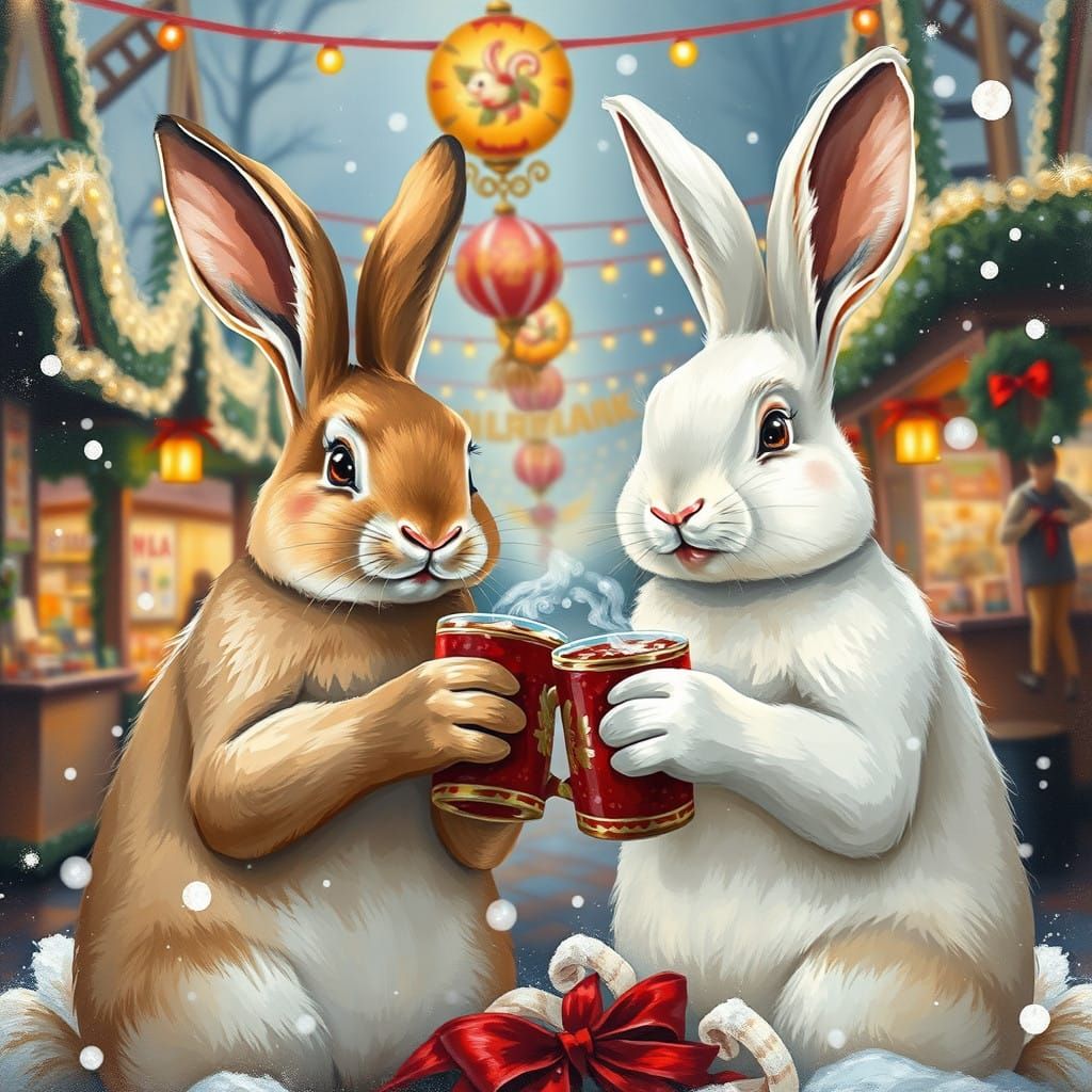 Joyful Rabbits Share Glühwein on a Vibrant Weihnachtsmarkt i...
