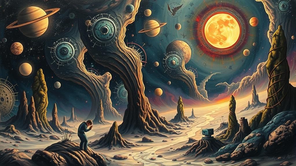 Surreal Sci-Fi Dreamscape with Cosmic Motifs
