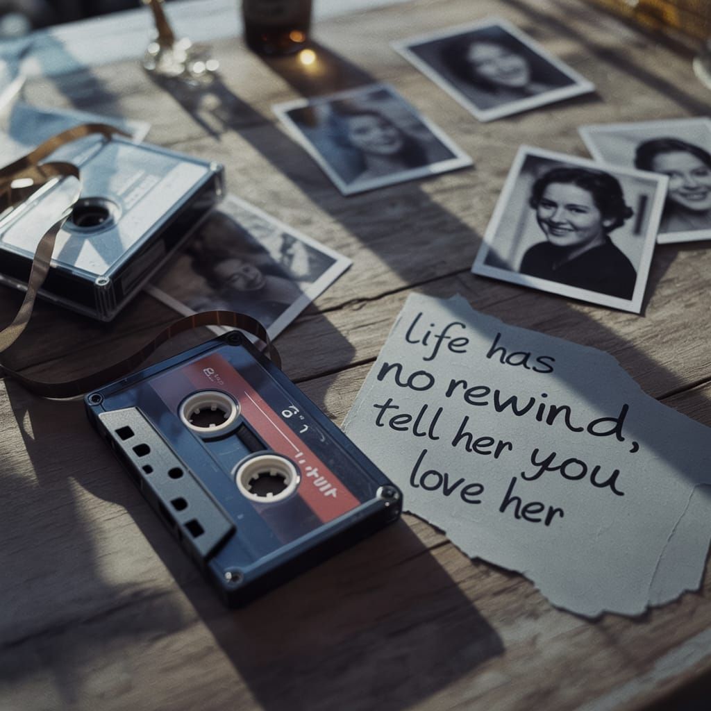 Emotional Film Still of Cassette Tape and Photos
