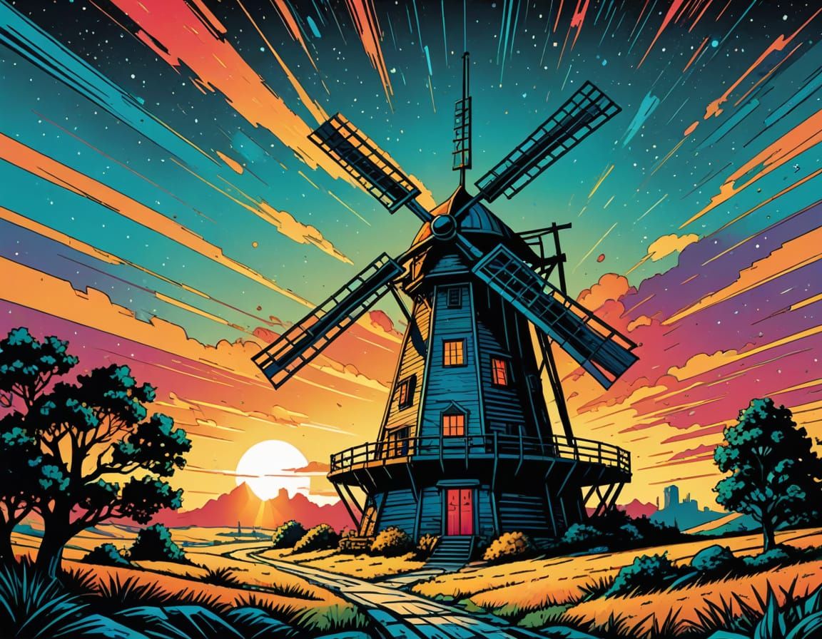 Bold Retro Futurism Windmill Comic Art