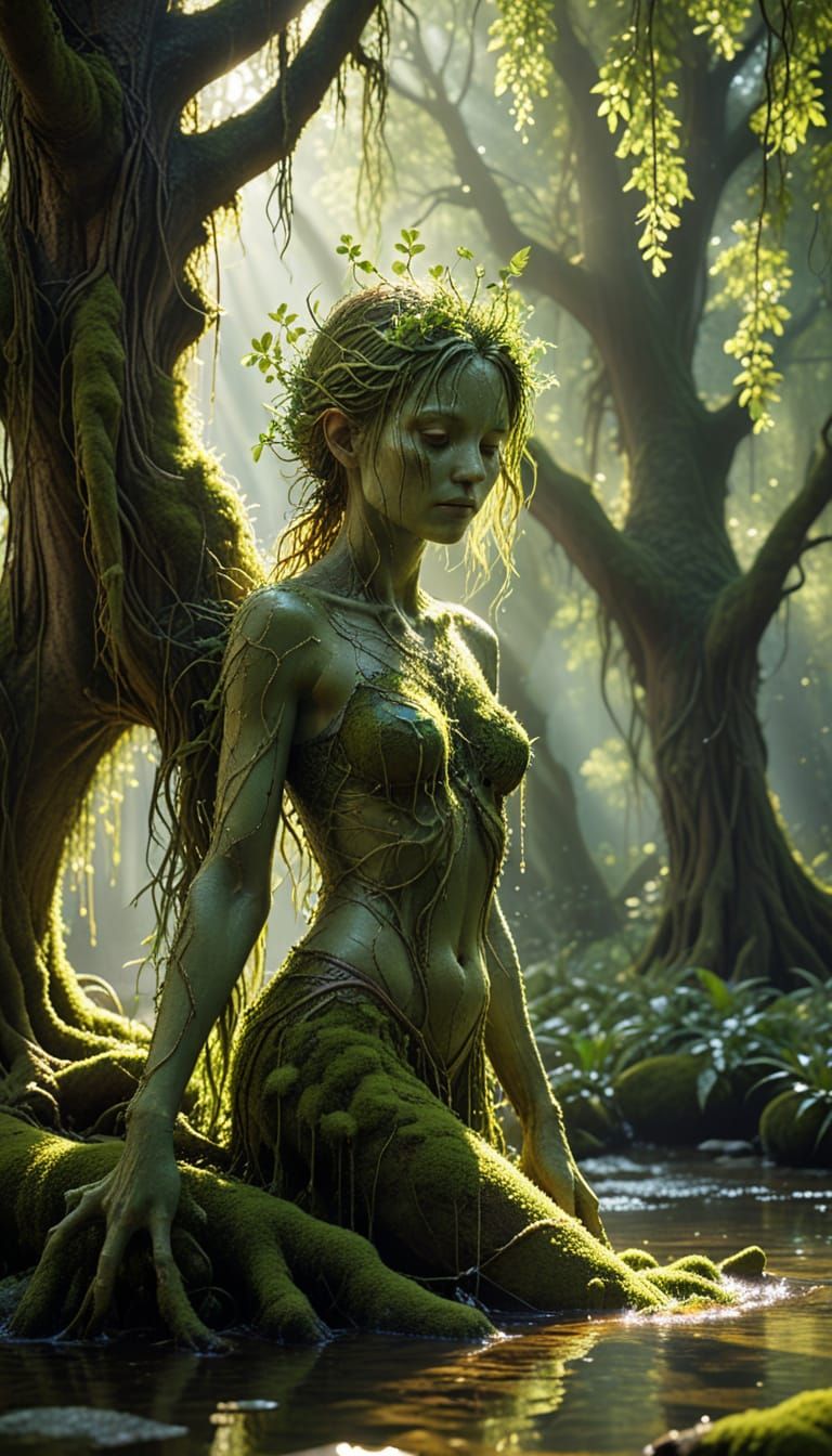 Misty Forest Dryad Emerging from Willow Tree