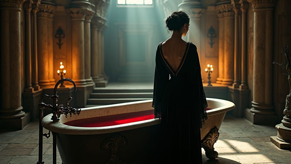 Regal Woman and Gothic Bath in Eerie Castle