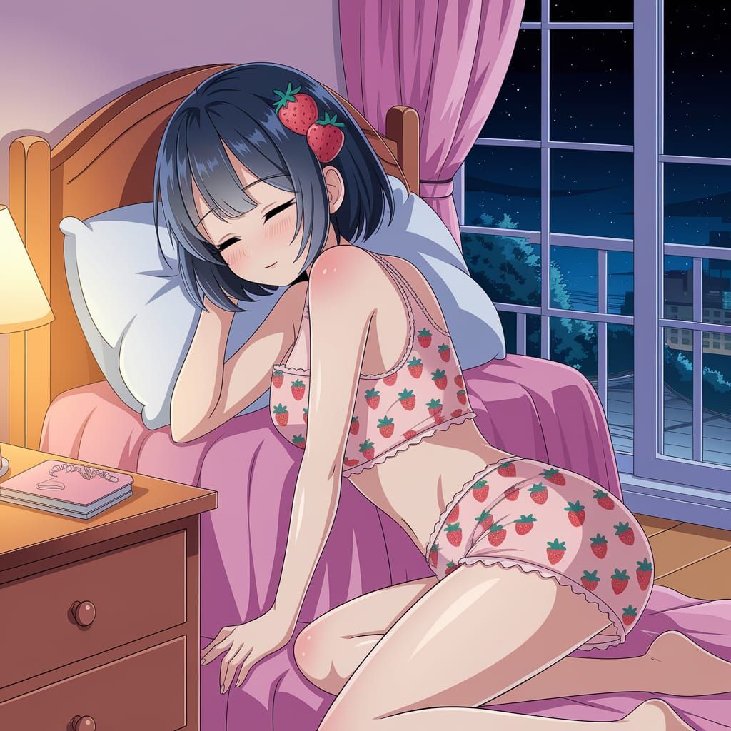Anime Woman Sleeping in Strawberry Bedroom
