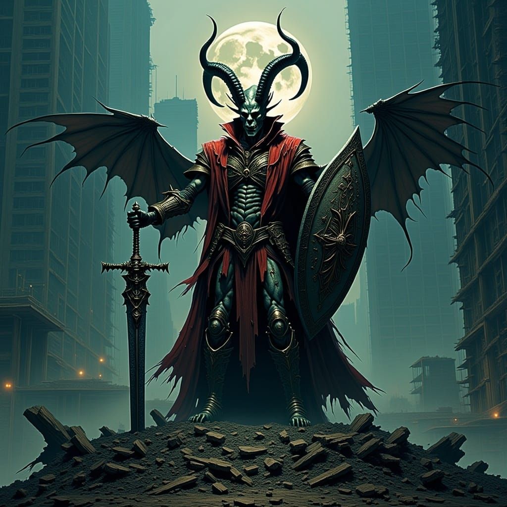 Demon Victorious in Ruined Cityscape, Digital Illustration