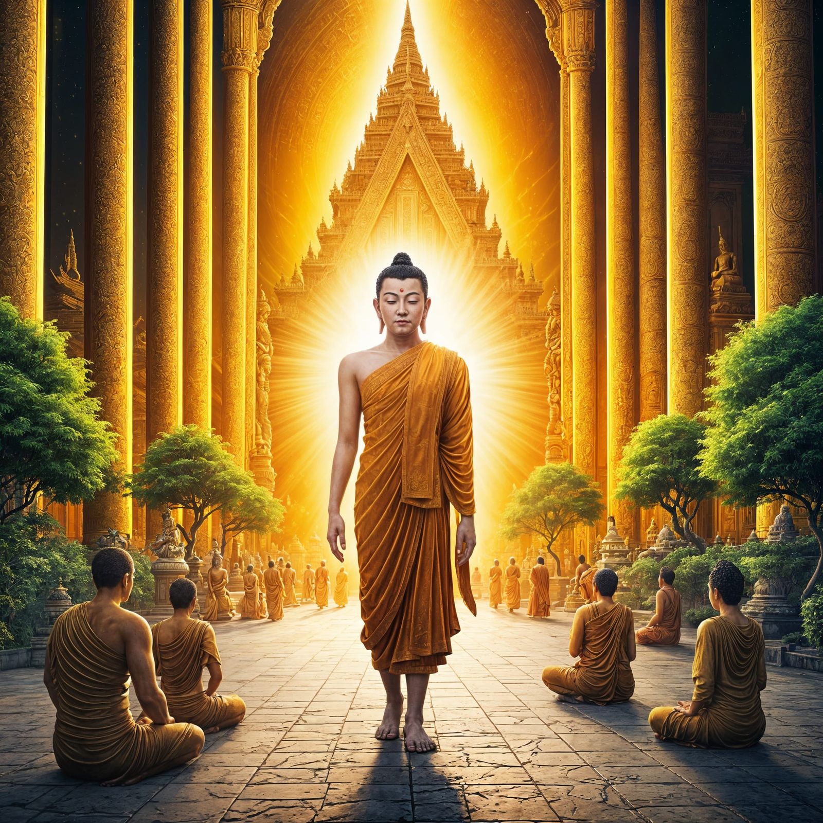 Buddha Enters Golden Palace in Detailed Matte Painting