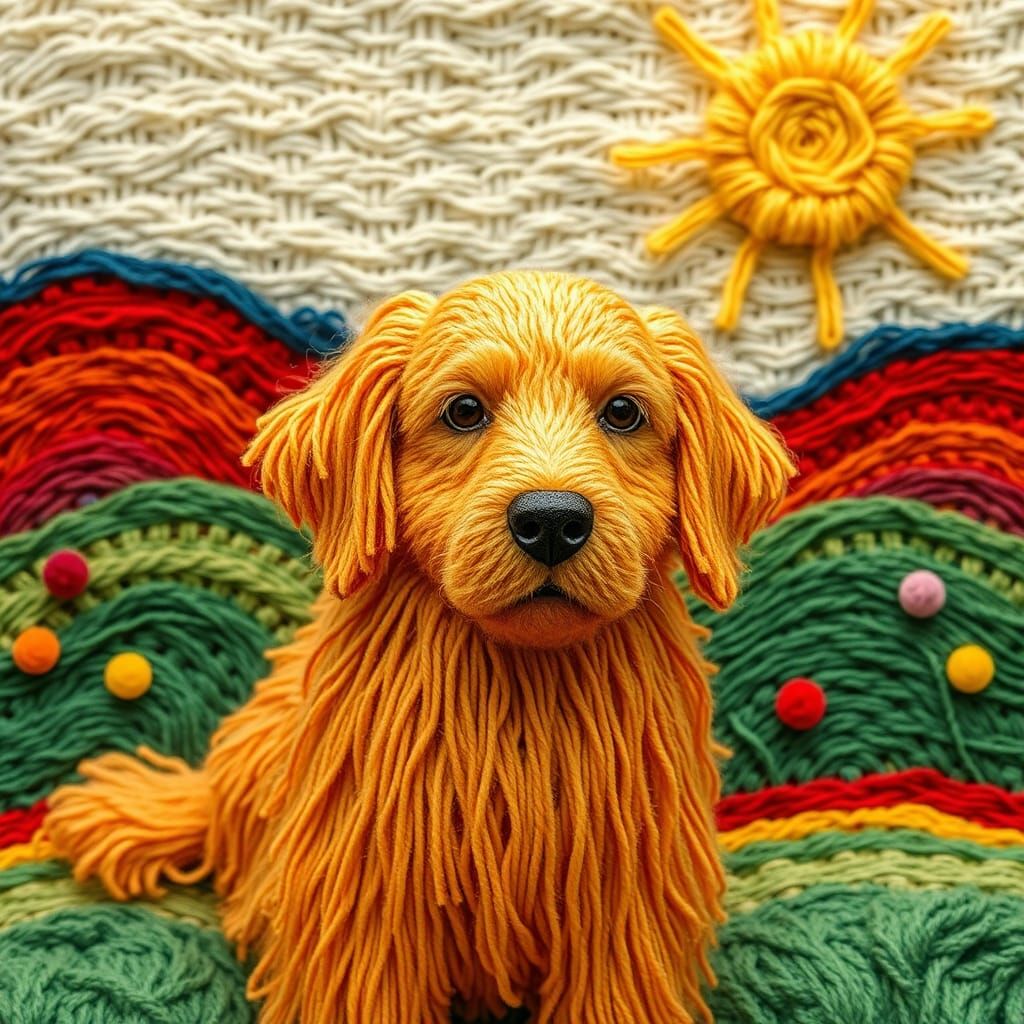 Yarn Golden Retriever in Woven Landscape