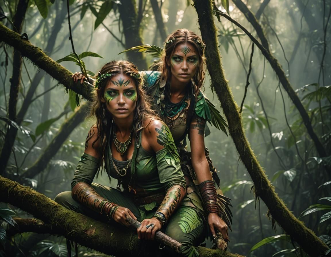 Fierce Jungle Huntress in Misty Rainforest