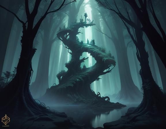 Mystical Forest at Dusk in Dark Fantasy Style