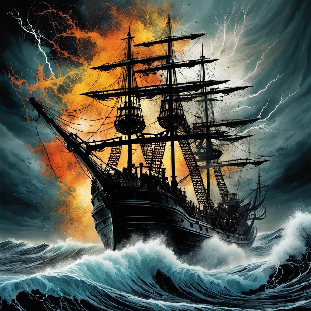 Ink Splatter Pirate Ship in Stormy Sea