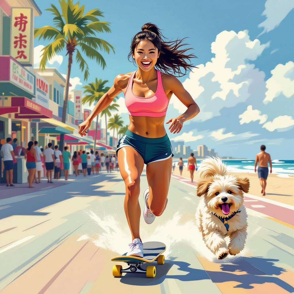 Skateboarder Races Dog on Beach Boardwalk in Vintage Ad Styl...