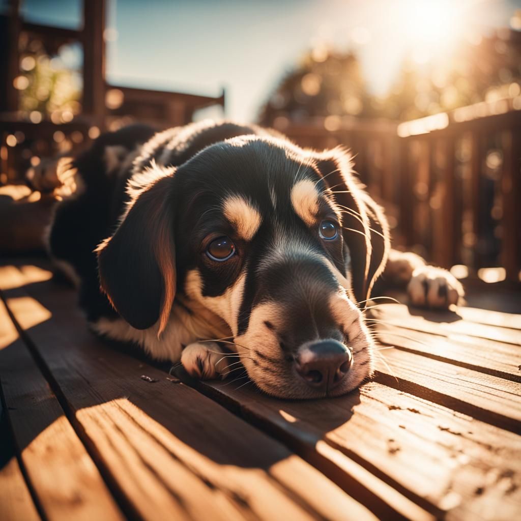 Puppy Sunbathing on Deck: Cinematic Film Still