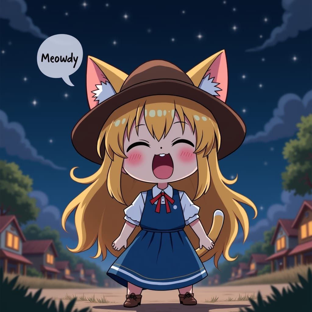 Adorable Anime Catgirl Saying Meowdy at Night