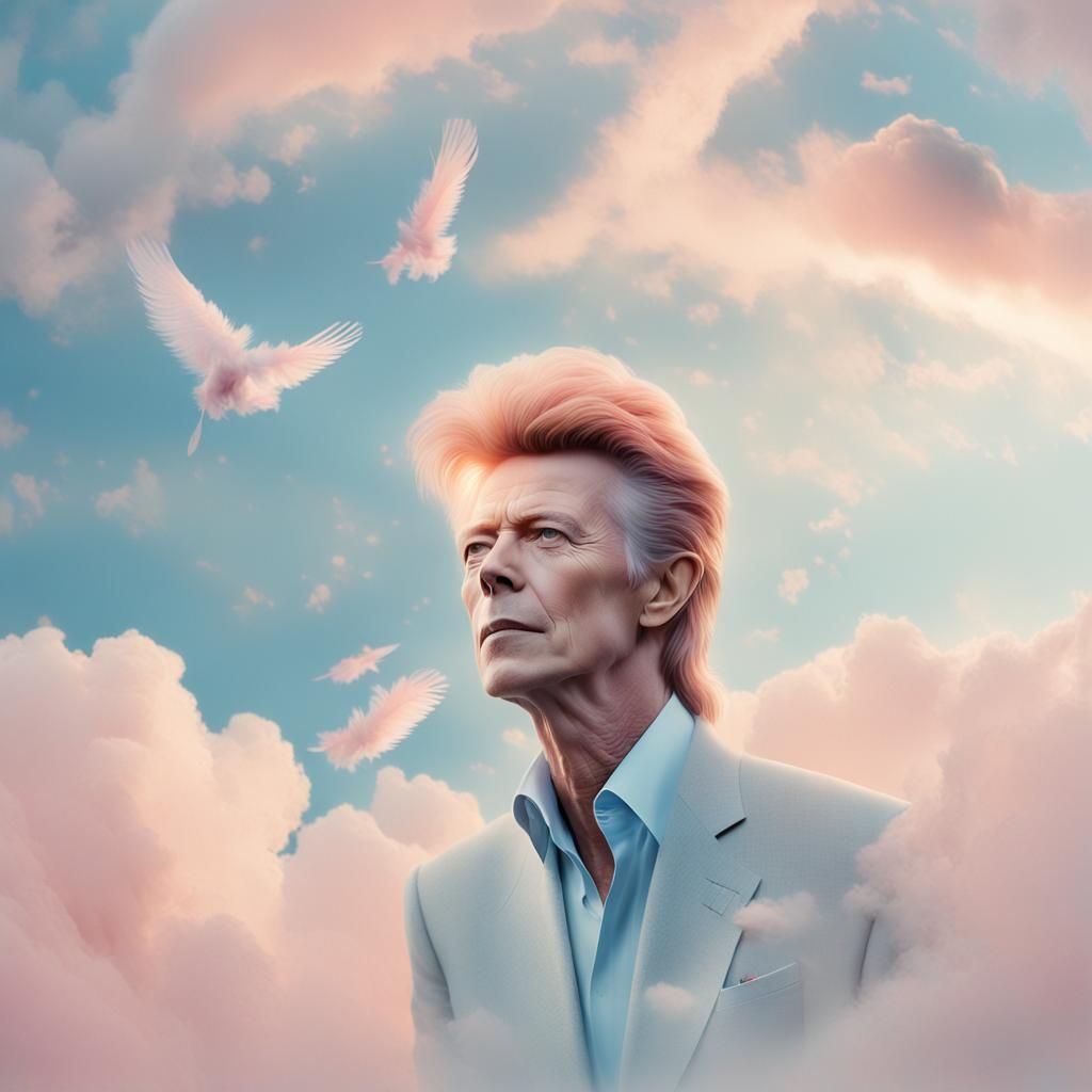 Ethereal David Bowie in Dreamy Pastel Cloudscape