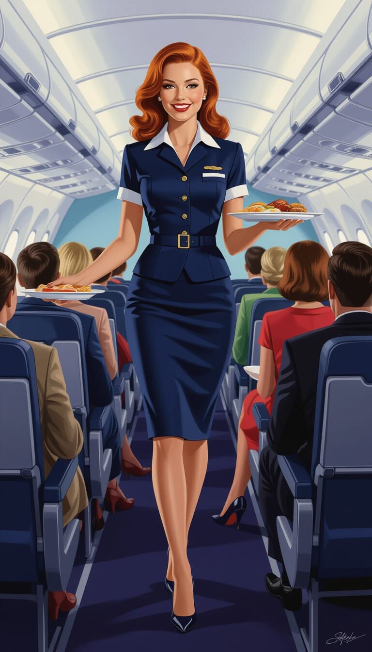 1970s Stewardess Serving Meals on Transcontinental Flight