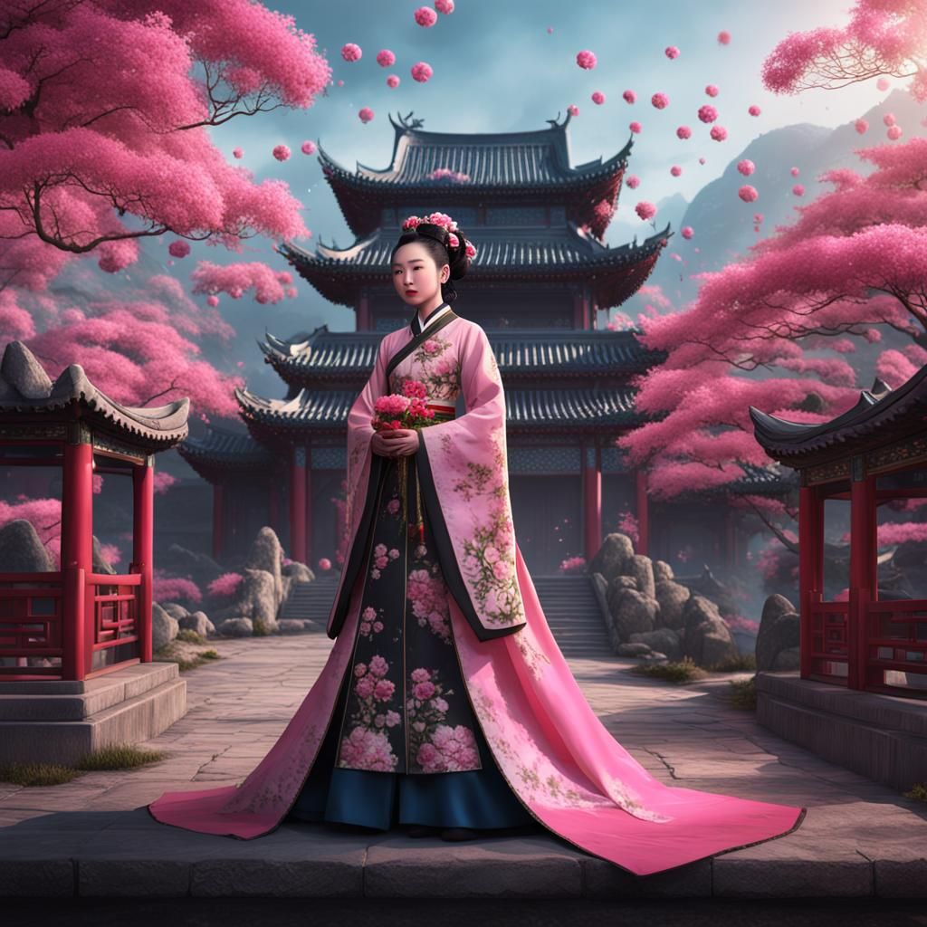 Chinese Lady with Pink Flowers: Detailed Matte Painting