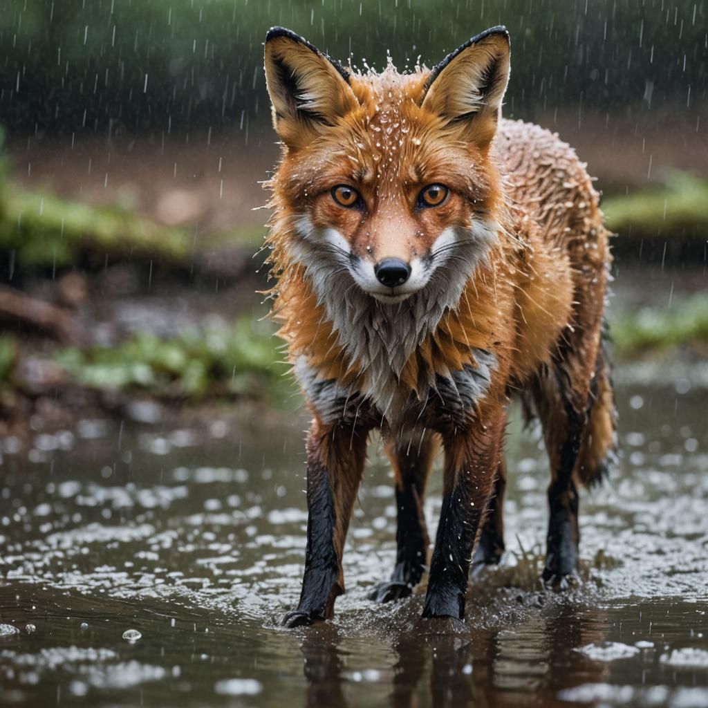 Rain-Soaked Fox: Hyper-Realistic Wildlife Photography