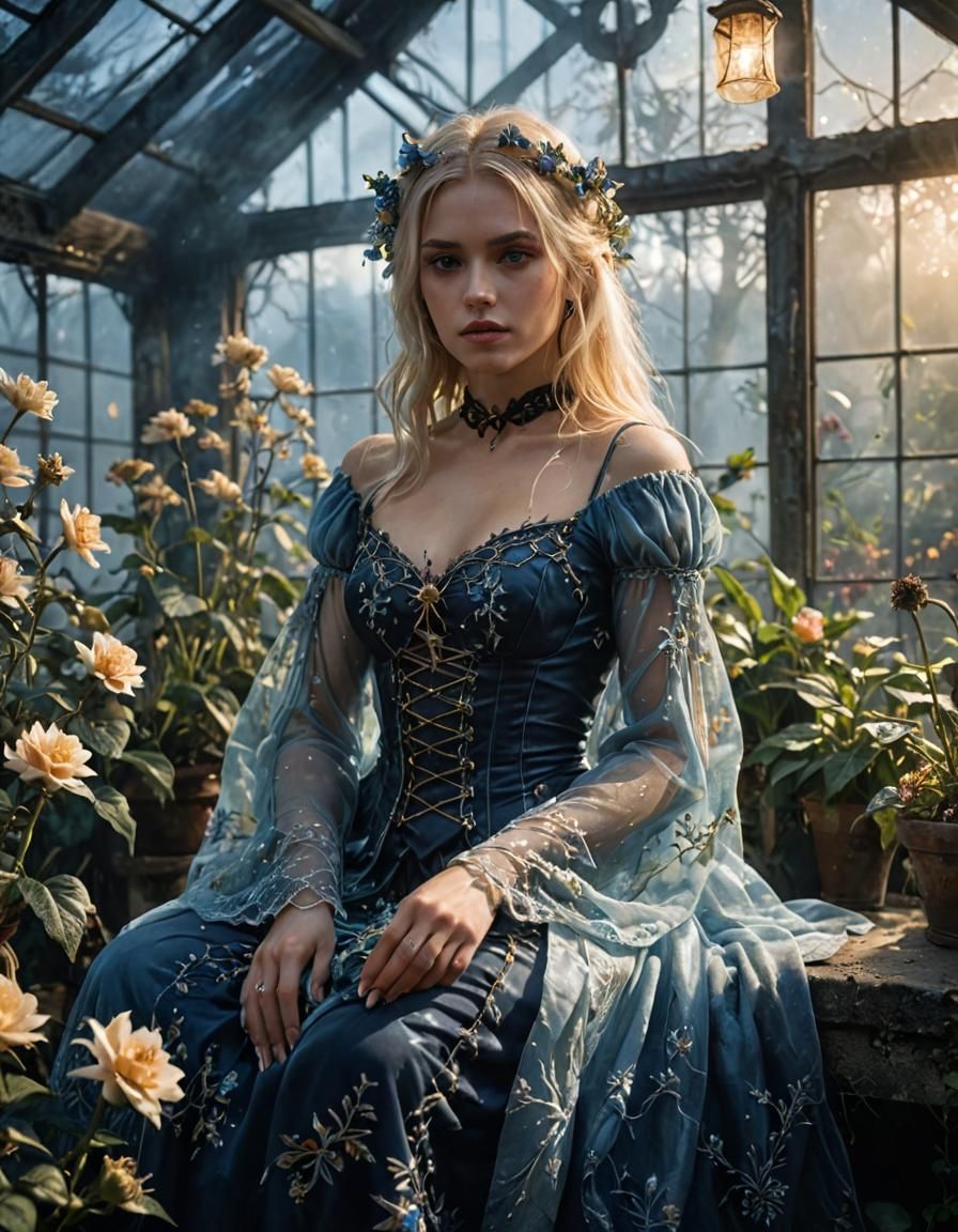 Blonde Witch in Lush Greenhouse, Dark Fantasy Art