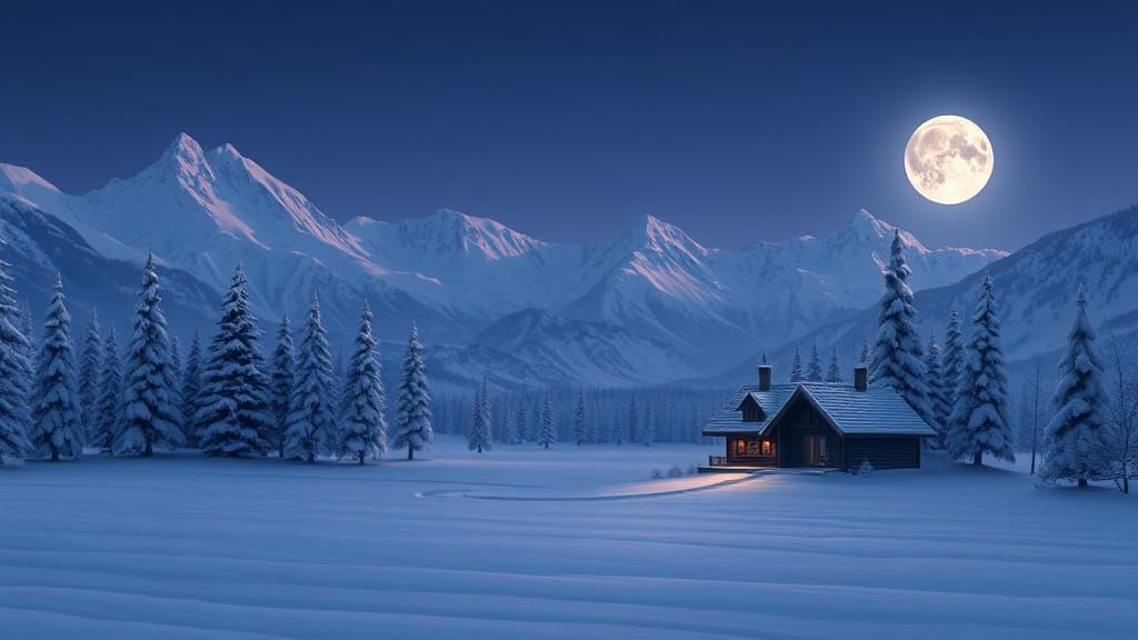 A winter landscape in a dark night with full moon. In the ba...