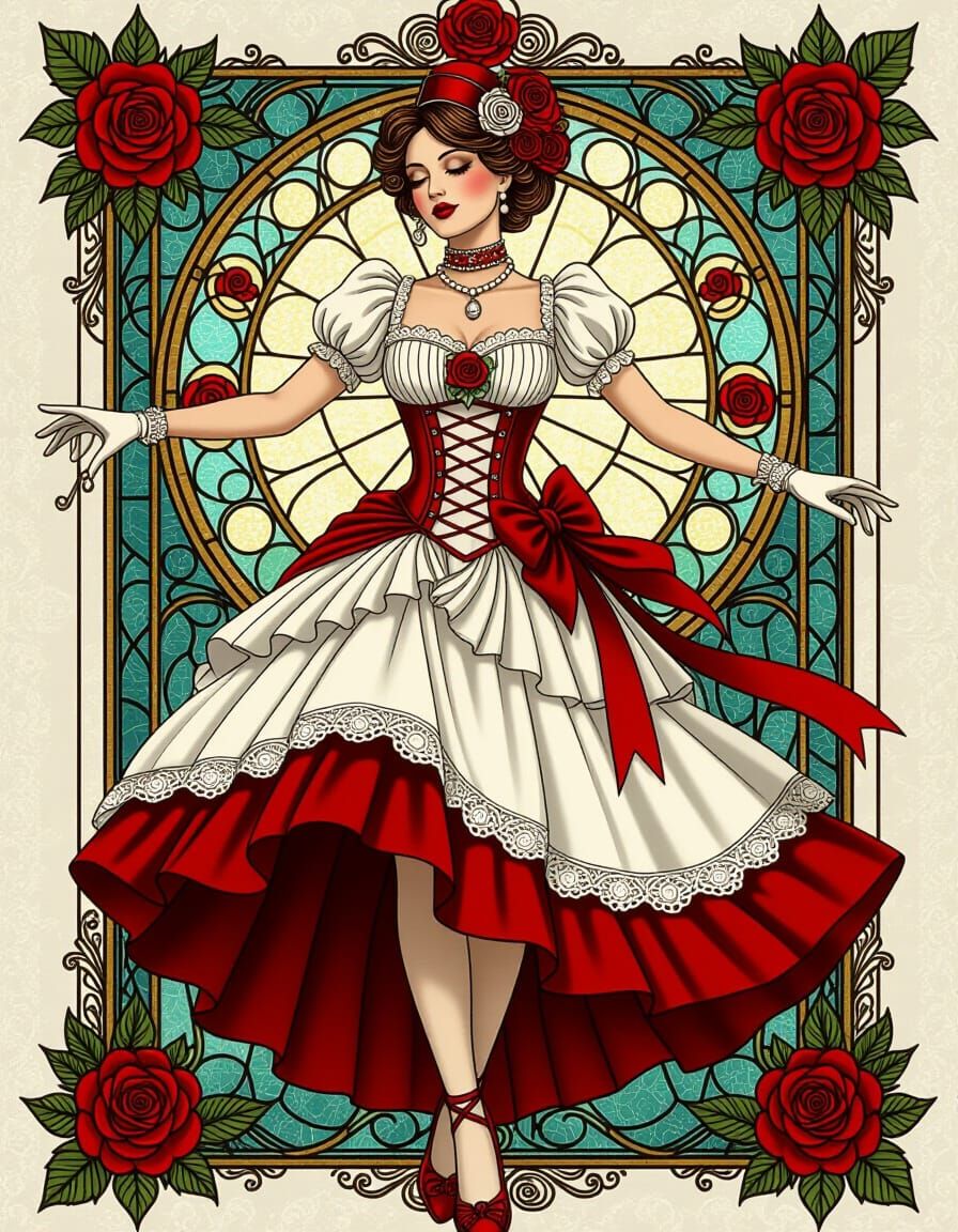 Steampunk Dancer in White and Red Dress with Roses