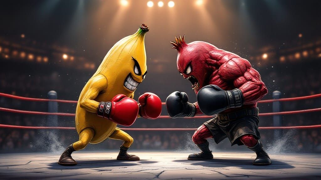 Vibrant Anime-Style Banana and Pomegranate Clash in Epic Box...