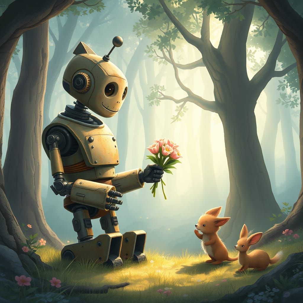 Gentle Robot Offers Ethereal Flowers to Woodland Creature