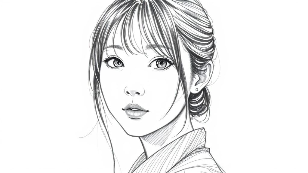Pencil Sketch of a Young Japanese Woman