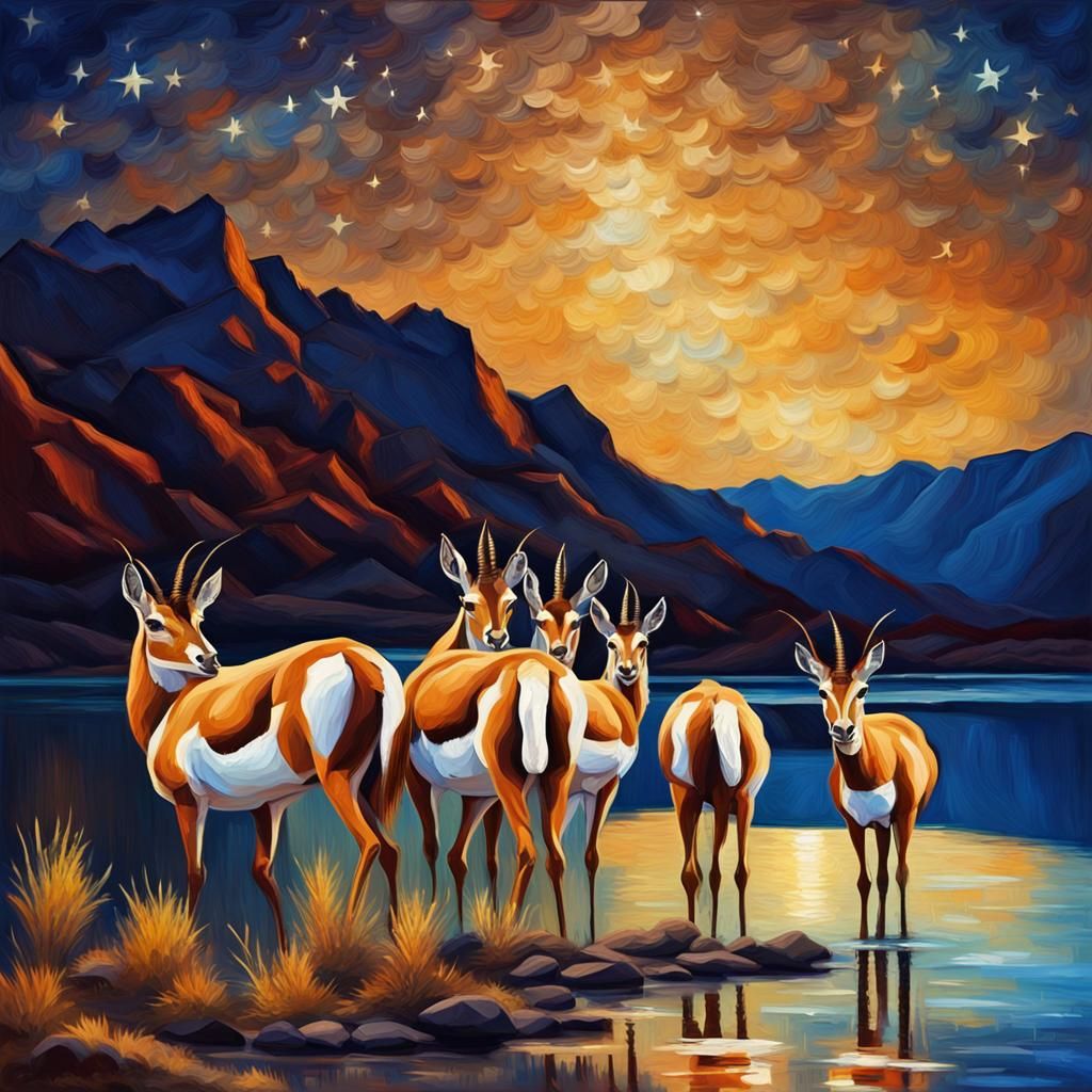 Antelopes at Night: Impasto Oil Painting