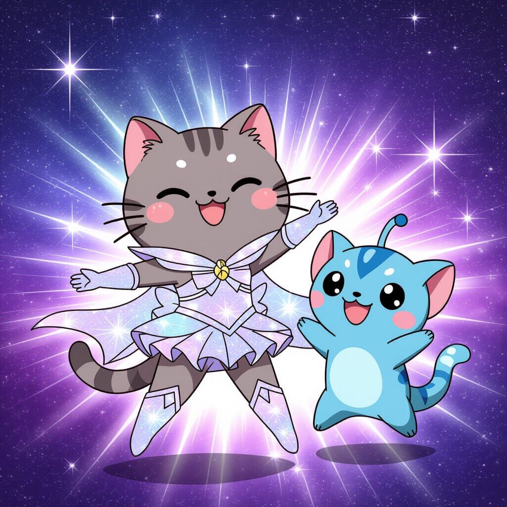 Pusheen and Alien in Magical Girl Costumes in Galaxy