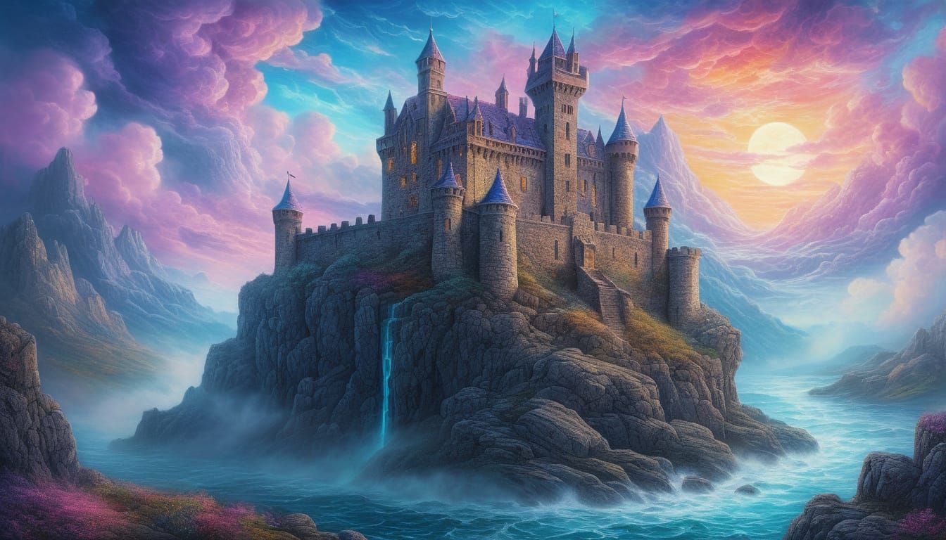 Vaporwave Castle on Rocky Outcrop