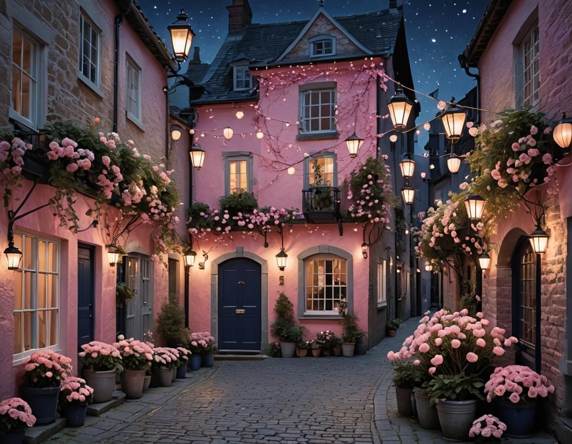 Romantic Lantern-Lit Alleyway Under Starry Sky