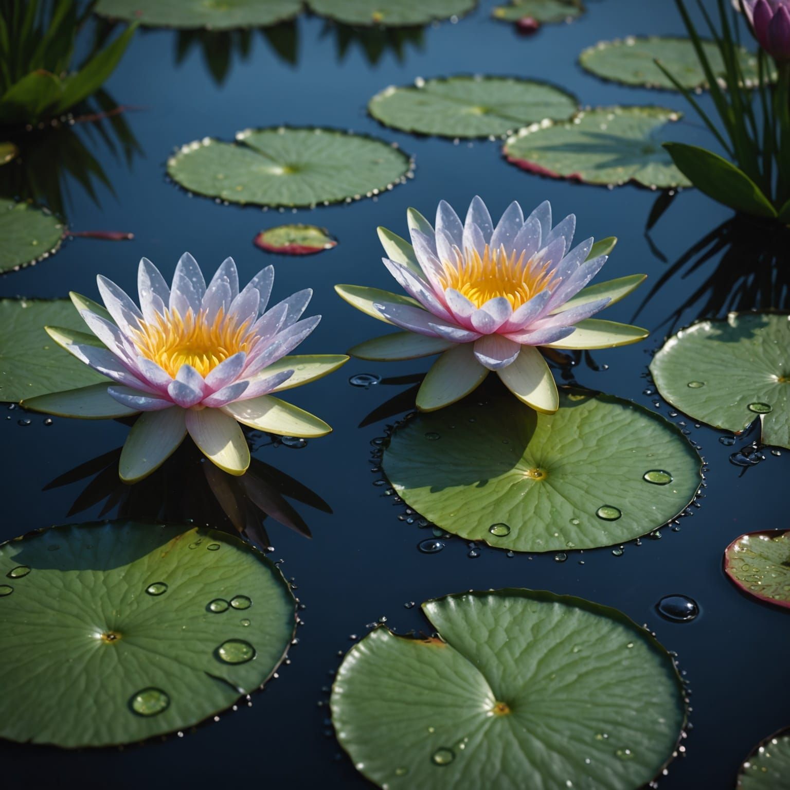 Water Lilies with Dew Drops in Detailed Matte Painting