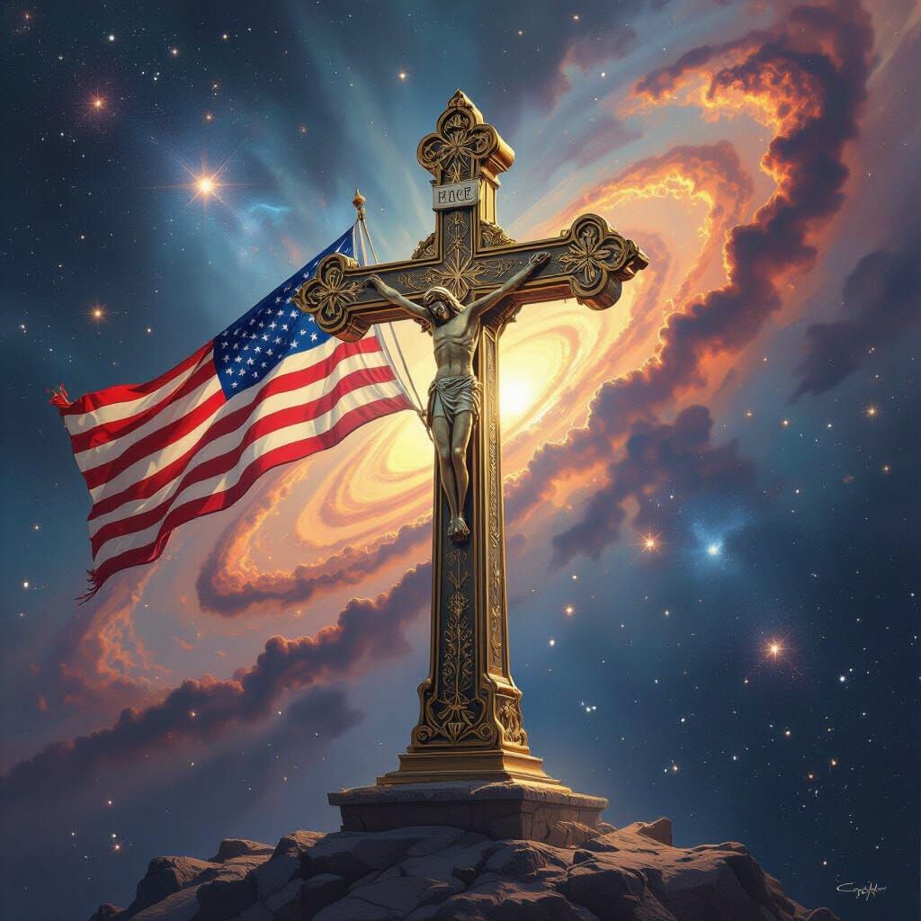 Christian Cross and American Flag in Epic Space Digital Pain...