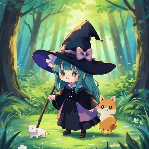 Anime Witch Surrounded by Animals in Forest