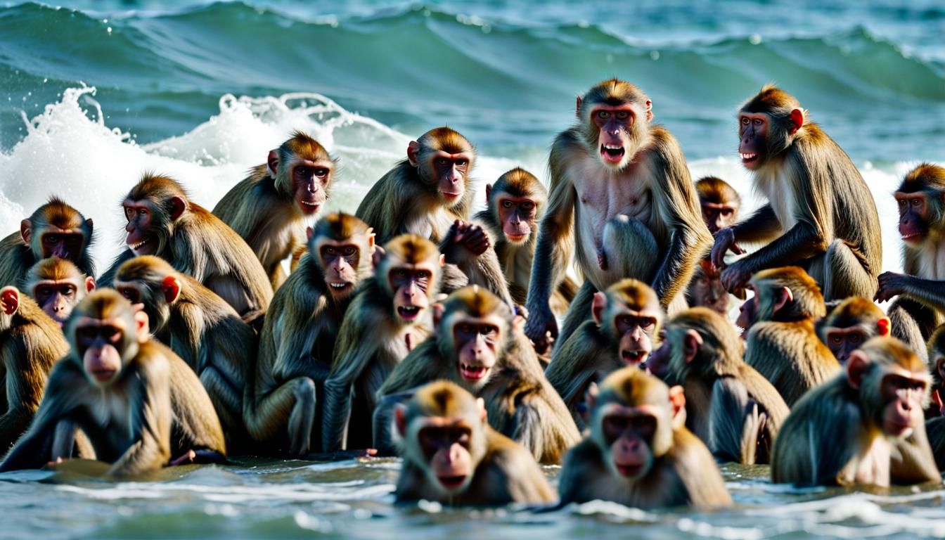 Surreal Ocean Scene with Aggressive Monkeys in Vibrant Detai...