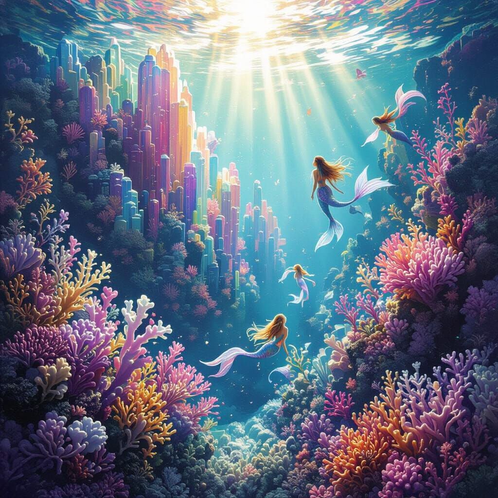 Rainbow Coral Kingdom with Mermaids in Dreamlike Style