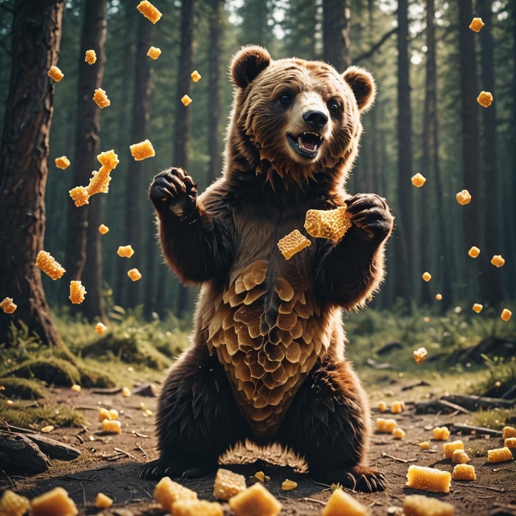 Cute Bear Cub with Honeycomb: Cinematic Film Still