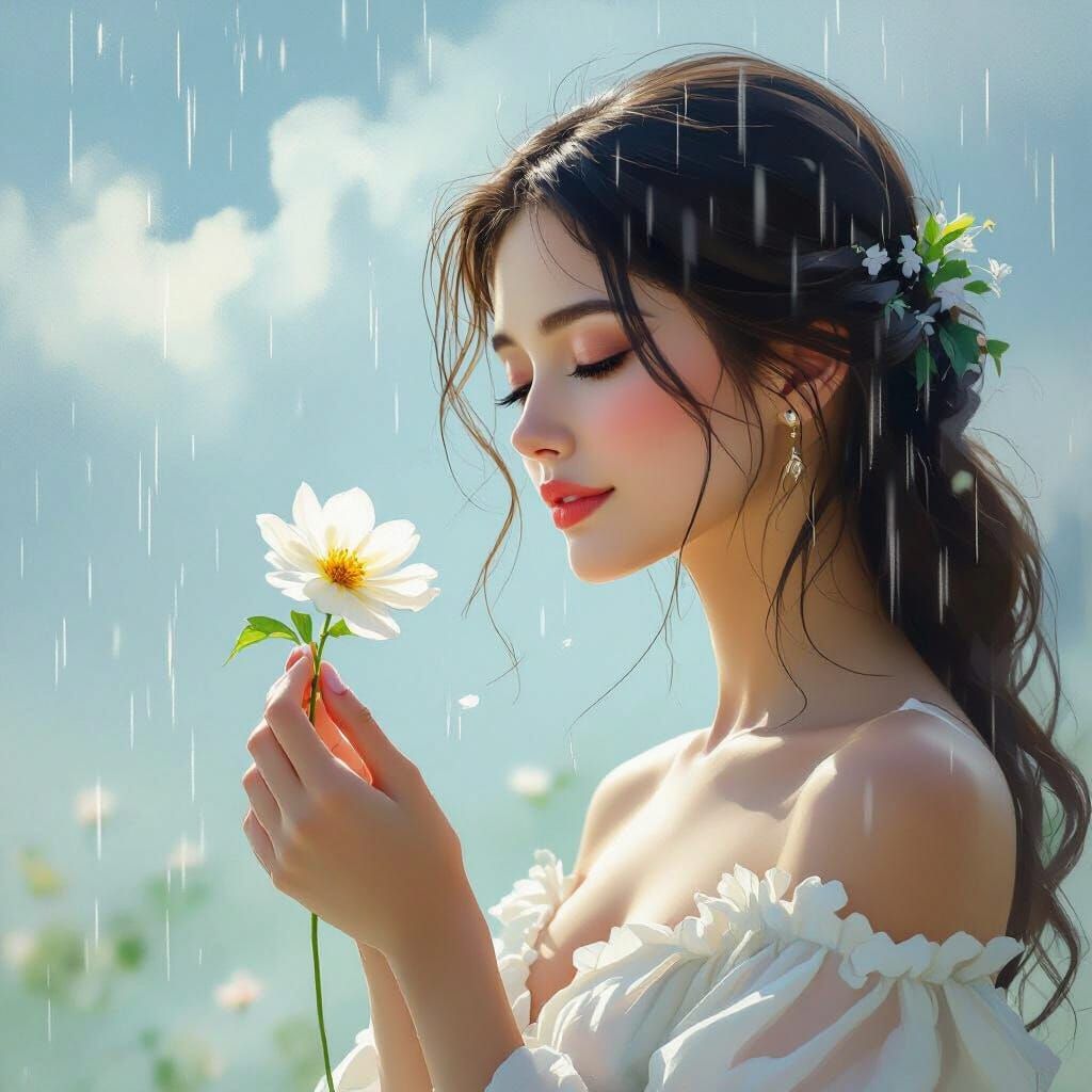 Woman Holds Flower Under Gentle Rain in Impressionistic Styl...