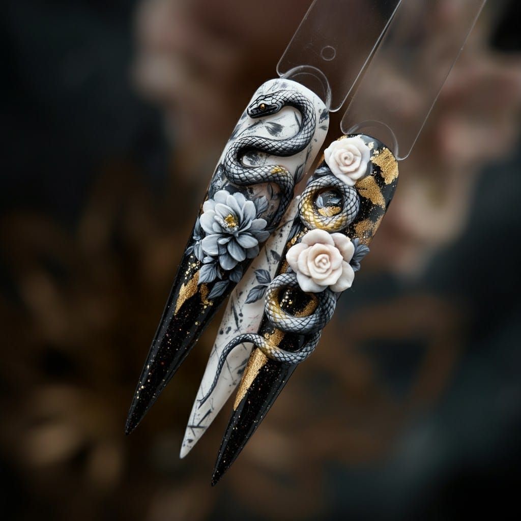 Serpent and Floral Nail Art in Hyper-Realistic Style
