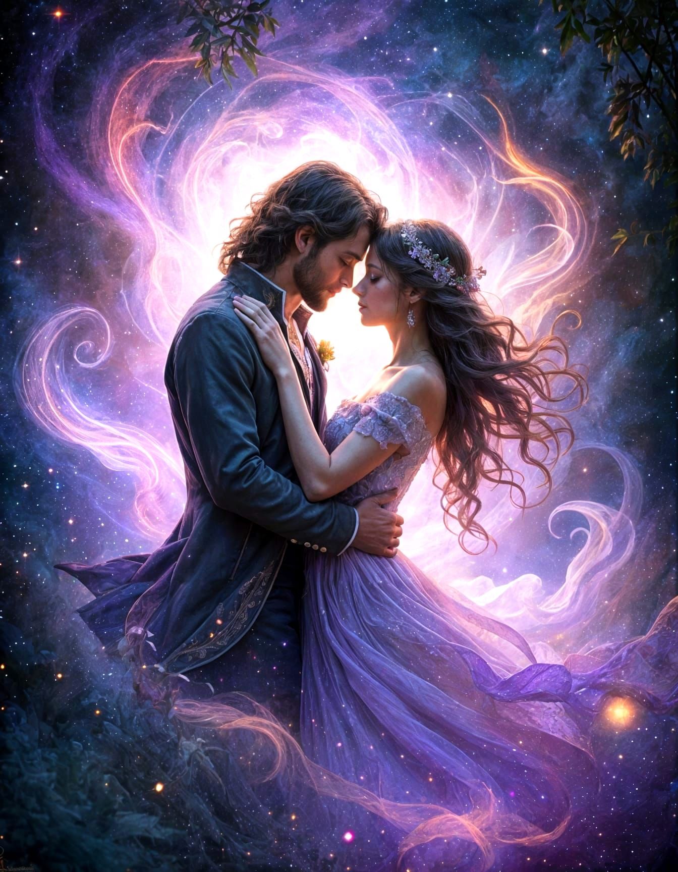 Magical Couple Embracing in Cosmic Light