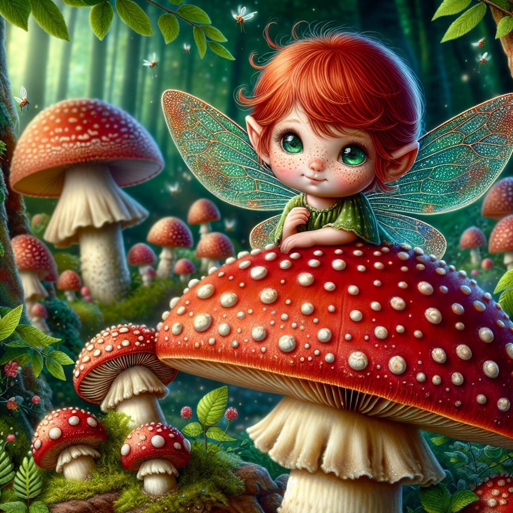 Red-Haired Fairy on Fly Agaric Mushroom House