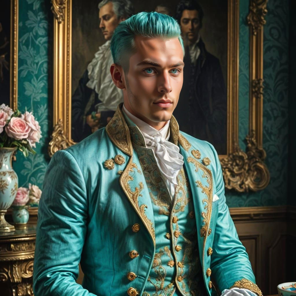 Rococo Man with Turquoise Hair in Opulent Tea Room