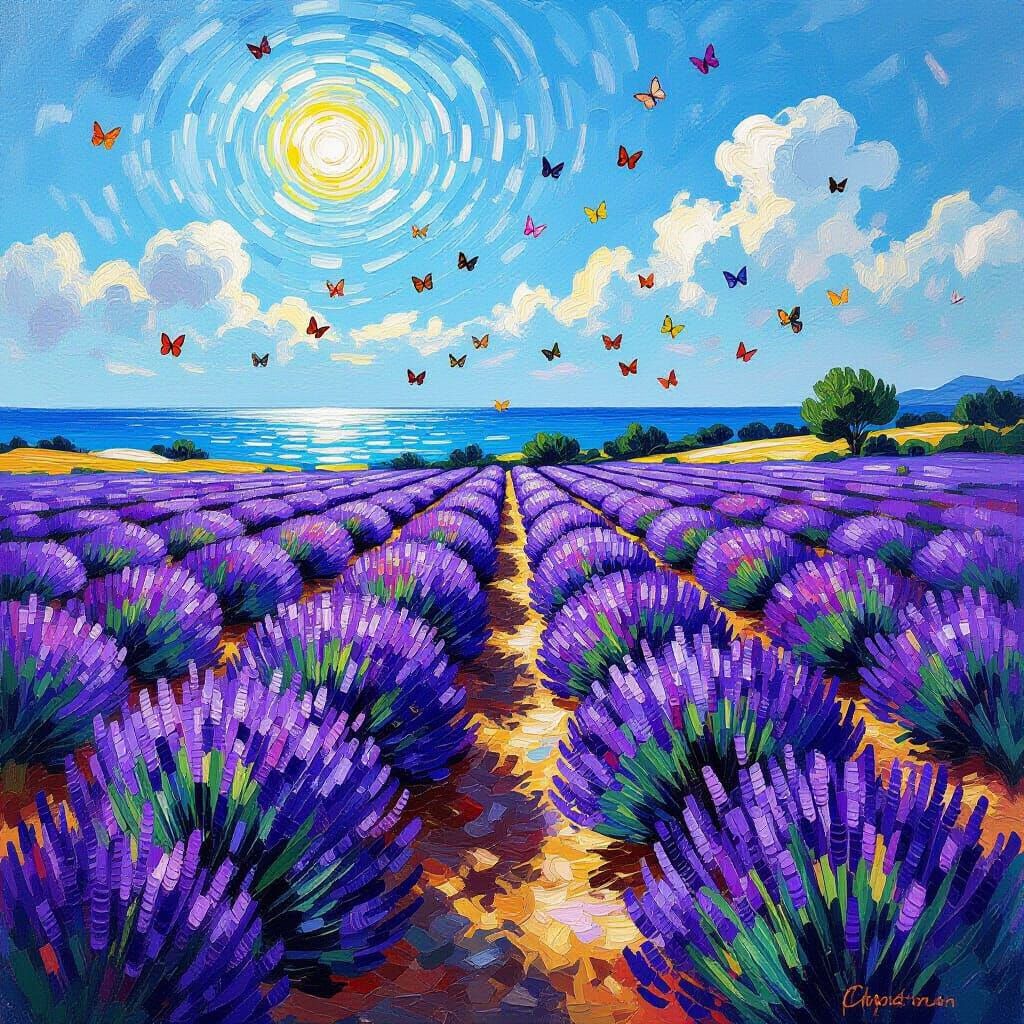 Lavender Field with Butterflies in Impressionistic Style
