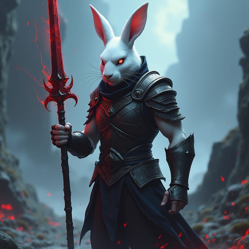 Rabbitfolk Warlock with Magic Sword in Eerie Landscape