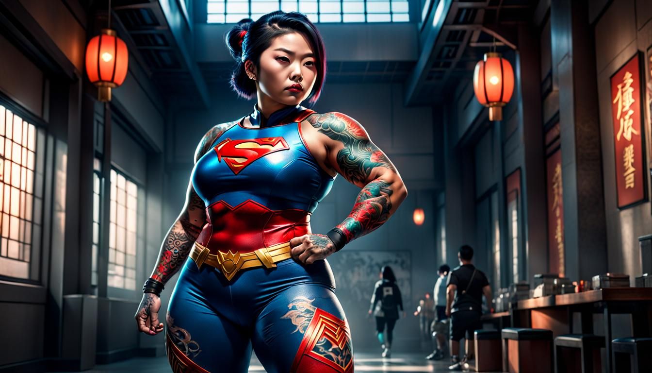 pretty  bodacious superhero, thick asian women, bodacious, full body tattoos, thick thighs, full body shot, Intricate, C...