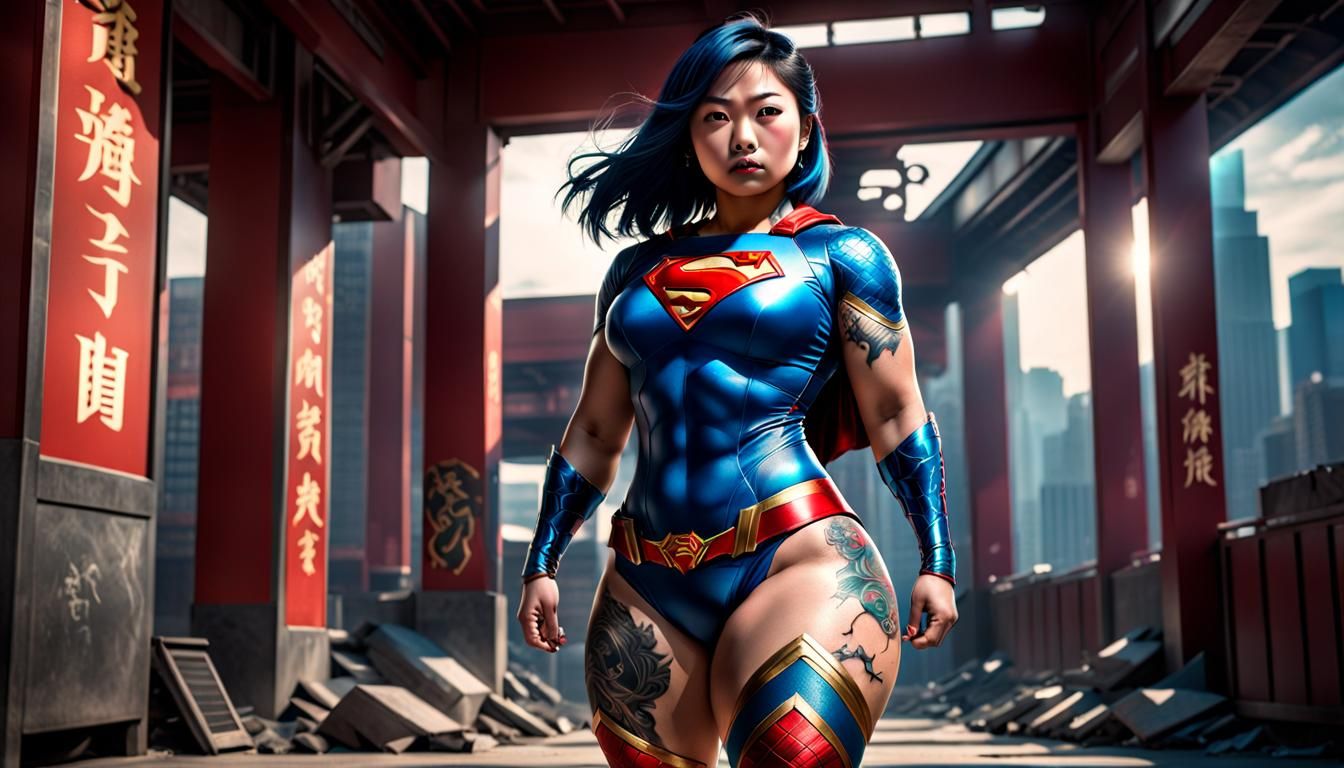 pretty bodacious superhero, thick asian women, bodacious, full body tattoos, thick thighs, full body shot, Intricate, C...